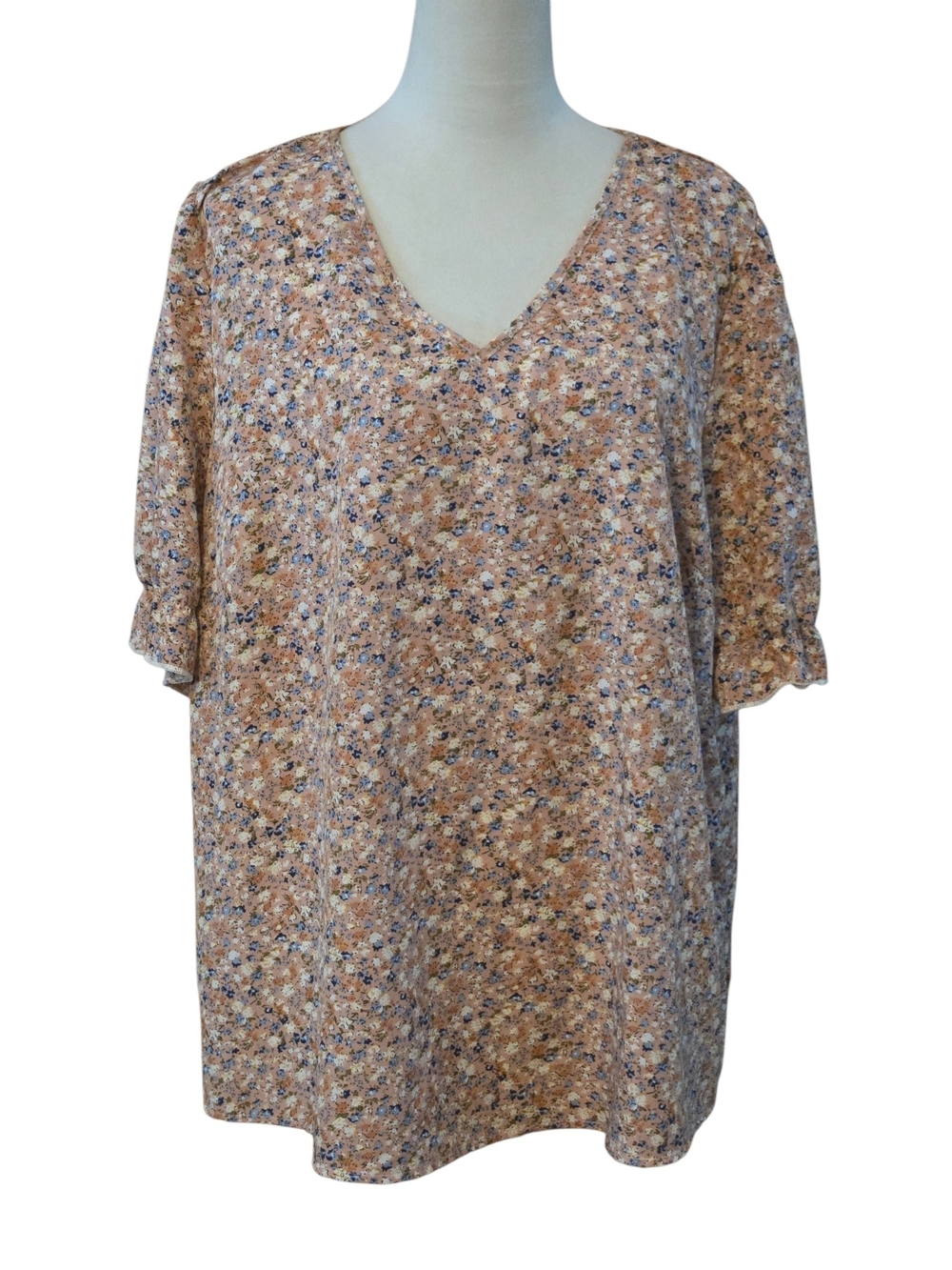 Shein Curve Women's 3XL Tan Floral Print V-Neck Tunic Blouse Loose Floaty